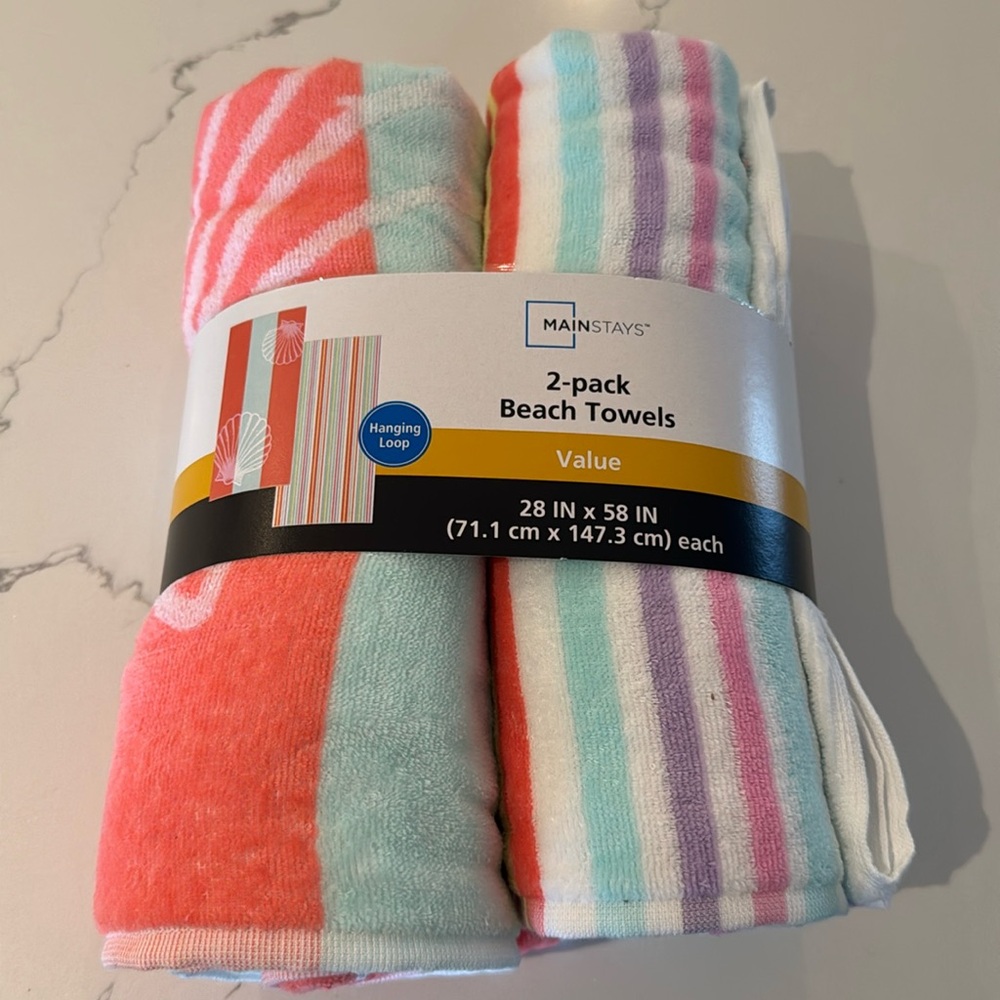 Mainstays 2 pack beach towels 28”x58” vacation beachwear towel set hanging loop